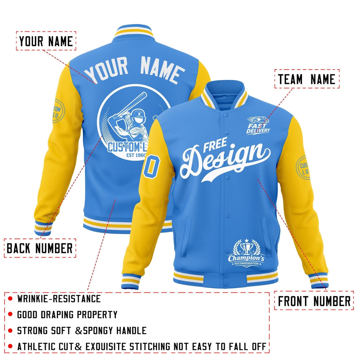 Custom Powder Blue Light Blue White Jacket Classic Style Full-Snap Club & Spirit Wear Breathable