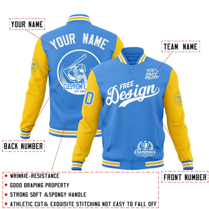 Custom Powder Blue Light Blue White Jacket Classic Style Full-Snap Club & Spirit Wear Breathable