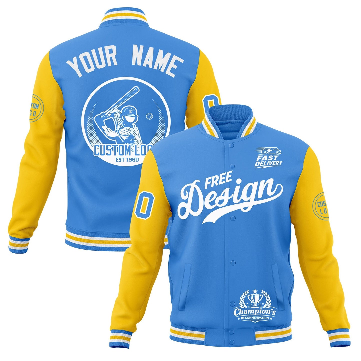 Custom Powder Blue Light Blue White Jacket Classic Style Full-Snap Club & Spirit Wear Breathable