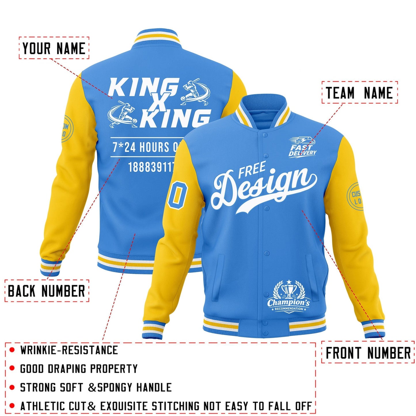 Custom Powder Blue Light Blue White Jacket Classic Style Full-Snap Club & Spirit Wear Wrinkle-Resistant