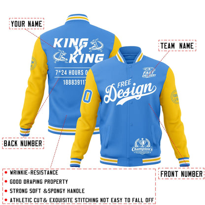Custom Powder Blue Light Blue White Jacket Classic Style Full-Snap Club & Spirit Wear Wrinkle-Resistant