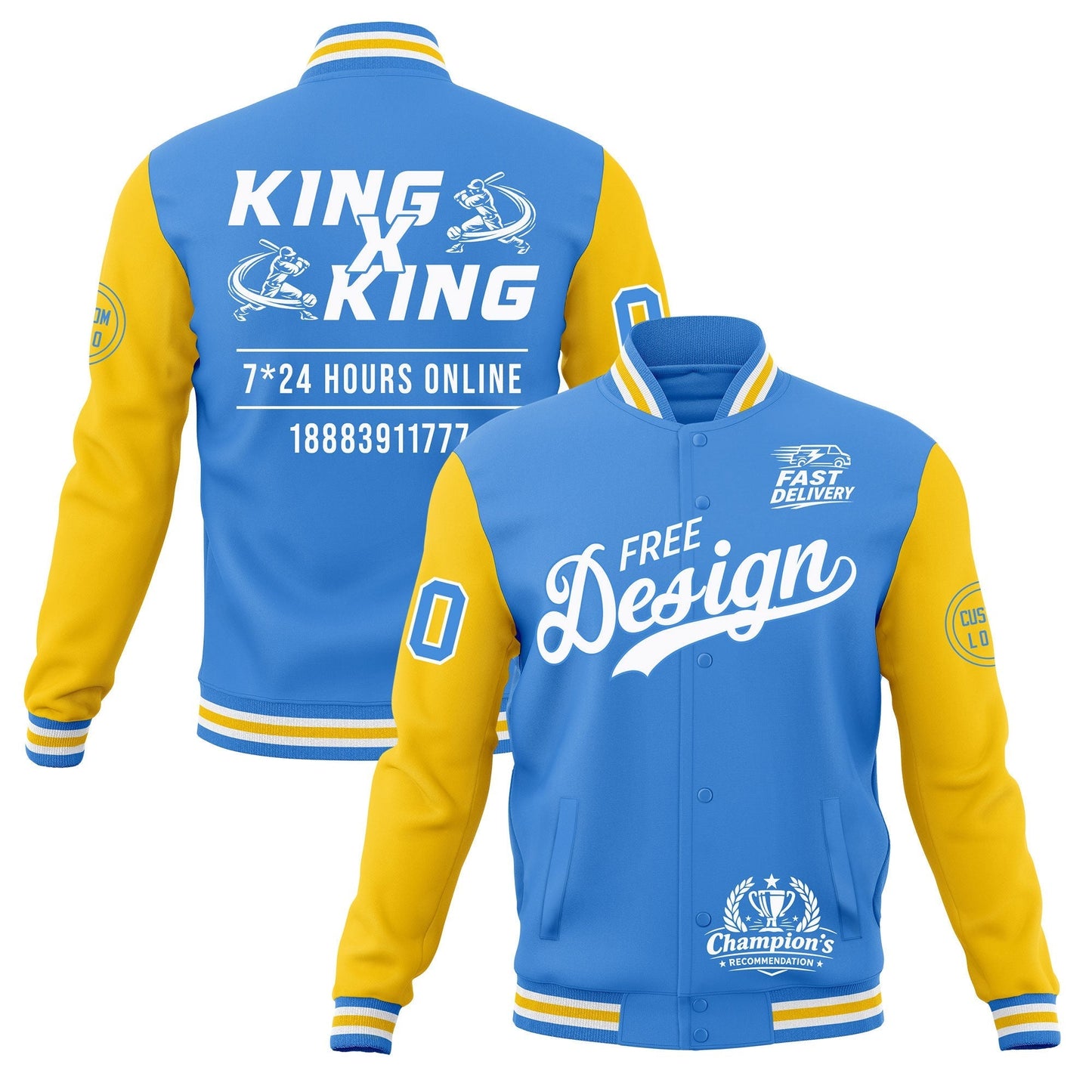 Custom Powder Blue Light Blue White Jacket Classic Style Full-Snap Club & Spirit Wear Wrinkle-Resistant