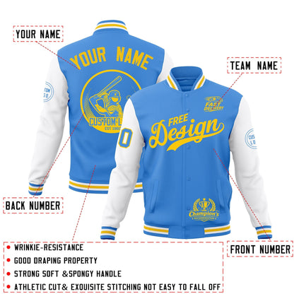 Custom Powder Blue Light Blue White Jacket Classic Style Full-Snap Club & Spirit Wear Breathable