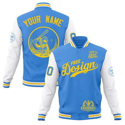 Custom Powder Blue Light Blue White Jacket Classic Style Full-Snap Club & Spirit Wear Breathable