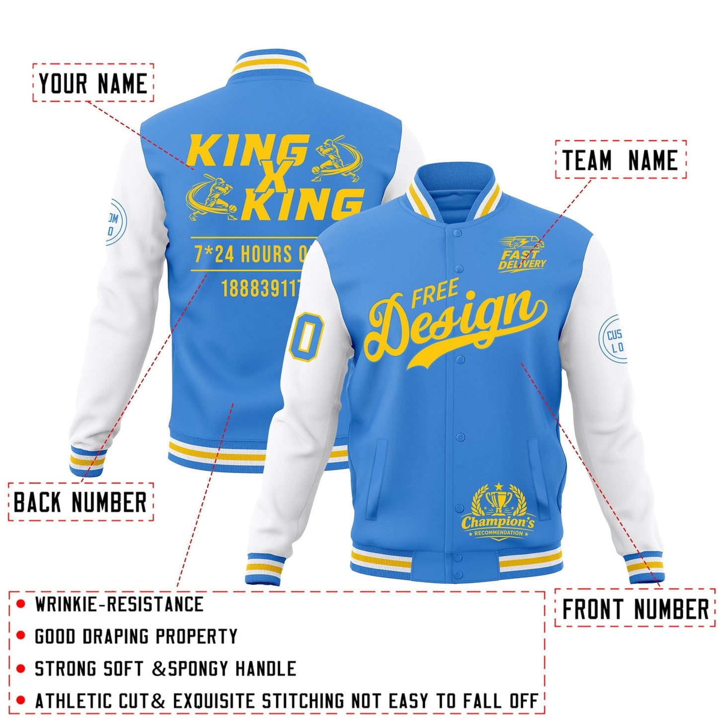 Custom Powder Blue Light Blue White Jacket Classic Style Full-Snap Club & Spirit Wear Wrinkle-Resistant