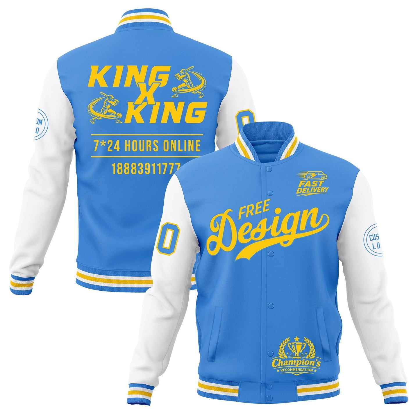 Custom Powder Blue Light Blue White Jacket Classic Style Full-Snap Club & Spirit Wear Wrinkle-Resistant