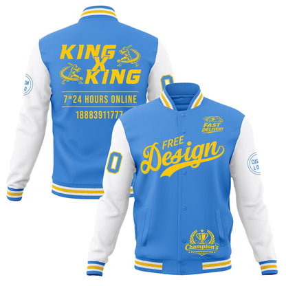 Custom Powder Blue Light Blue White Jacket Classic Style Full-Snap Club & Spirit Wear Wrinkle-Resistant