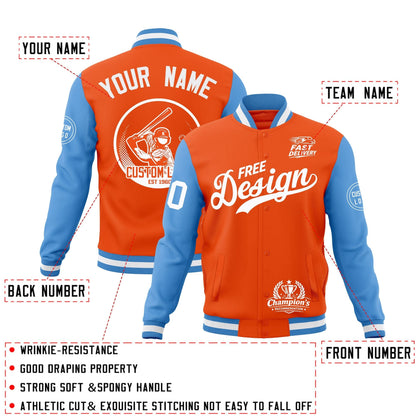 Custom Orange Light Blue White Jacket Classic Style Full-Snap Club & Spirit Wear Breathable
