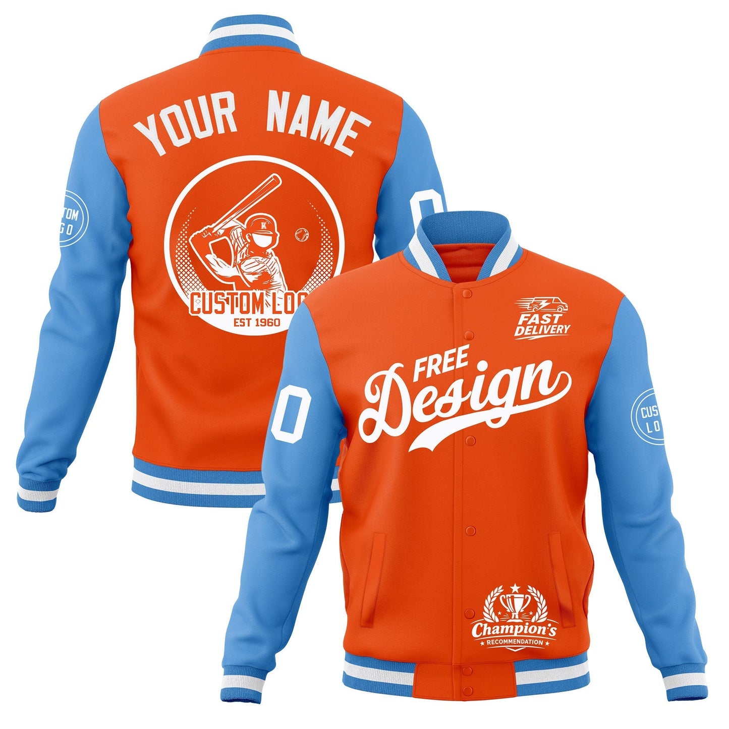 Custom Orange Light Blue White Jacket Classic Style Full-Snap Club & Spirit Wear Breathable