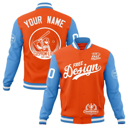 Custom Orange Light Blue White Jacket Classic Style Full-Snap Club & Spirit Wear Breathable