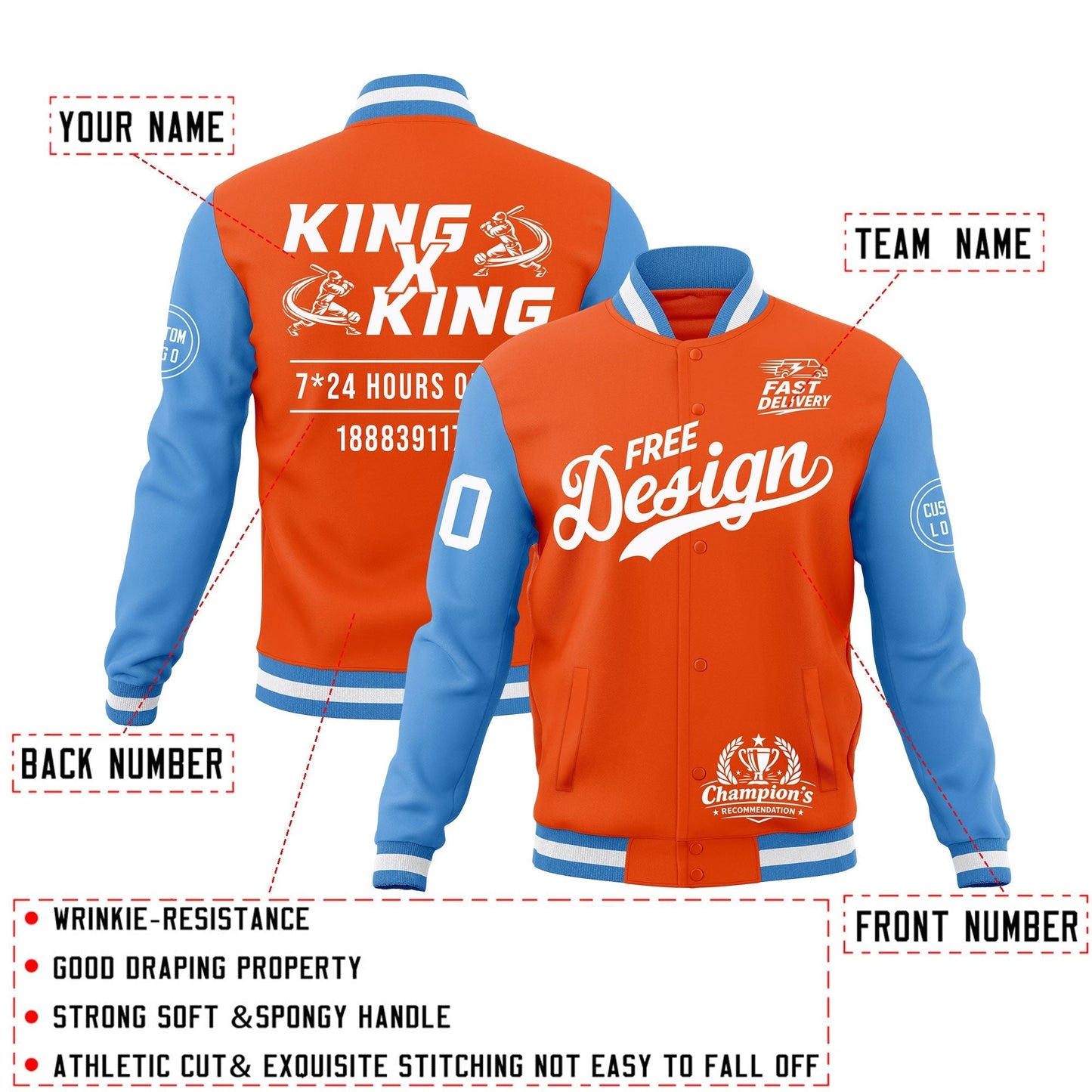 Custom Orange Light Blue White Jacket Classic Style Full-Snap Club & Spirit Wear Wrinkle-Resistant