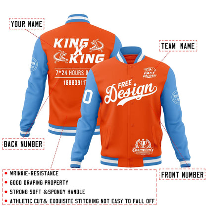 Custom Orange Light Blue White Jacket Classic Style Full-Snap Club & Spirit Wear Wrinkle-Resistant