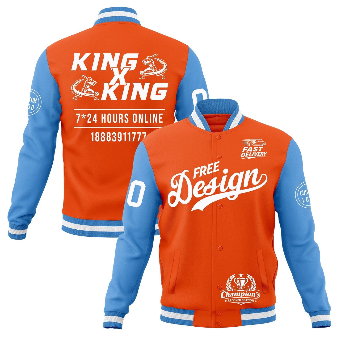Custom Orange Light Blue White Jacket Classic Style Full-Snap Club & Spirit Wear Wrinkle-Resistant