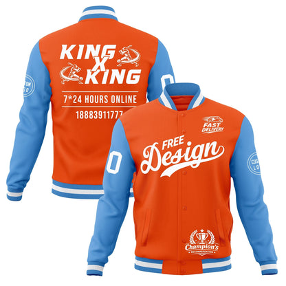 Custom Orange Light Blue White Jacket Classic Style Full-Snap Club & Spirit Wear Wrinkle-Resistant