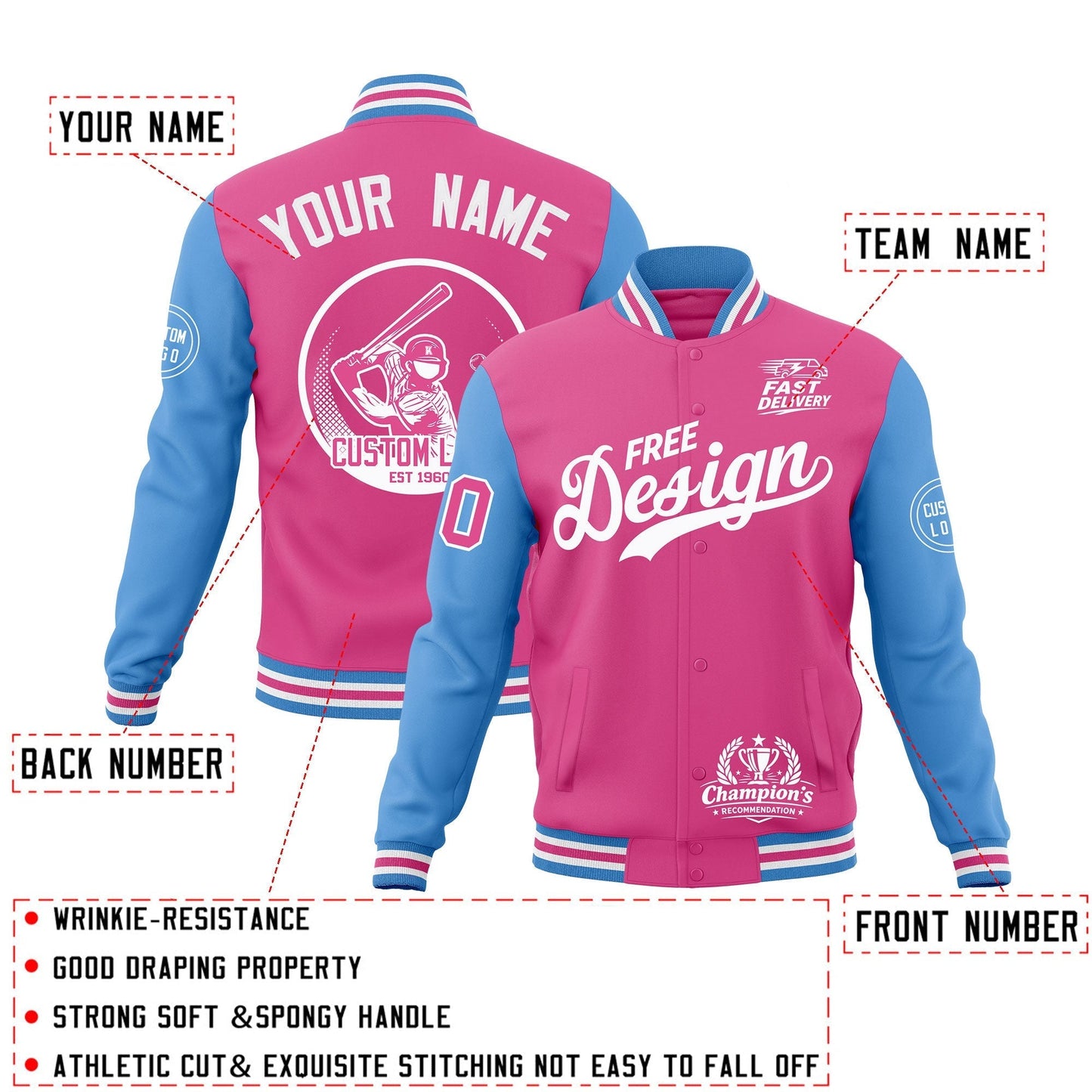 Custom Pink Light Blue White Jacket Classic Style Full-Snap Club & Spirit Wear Breathable