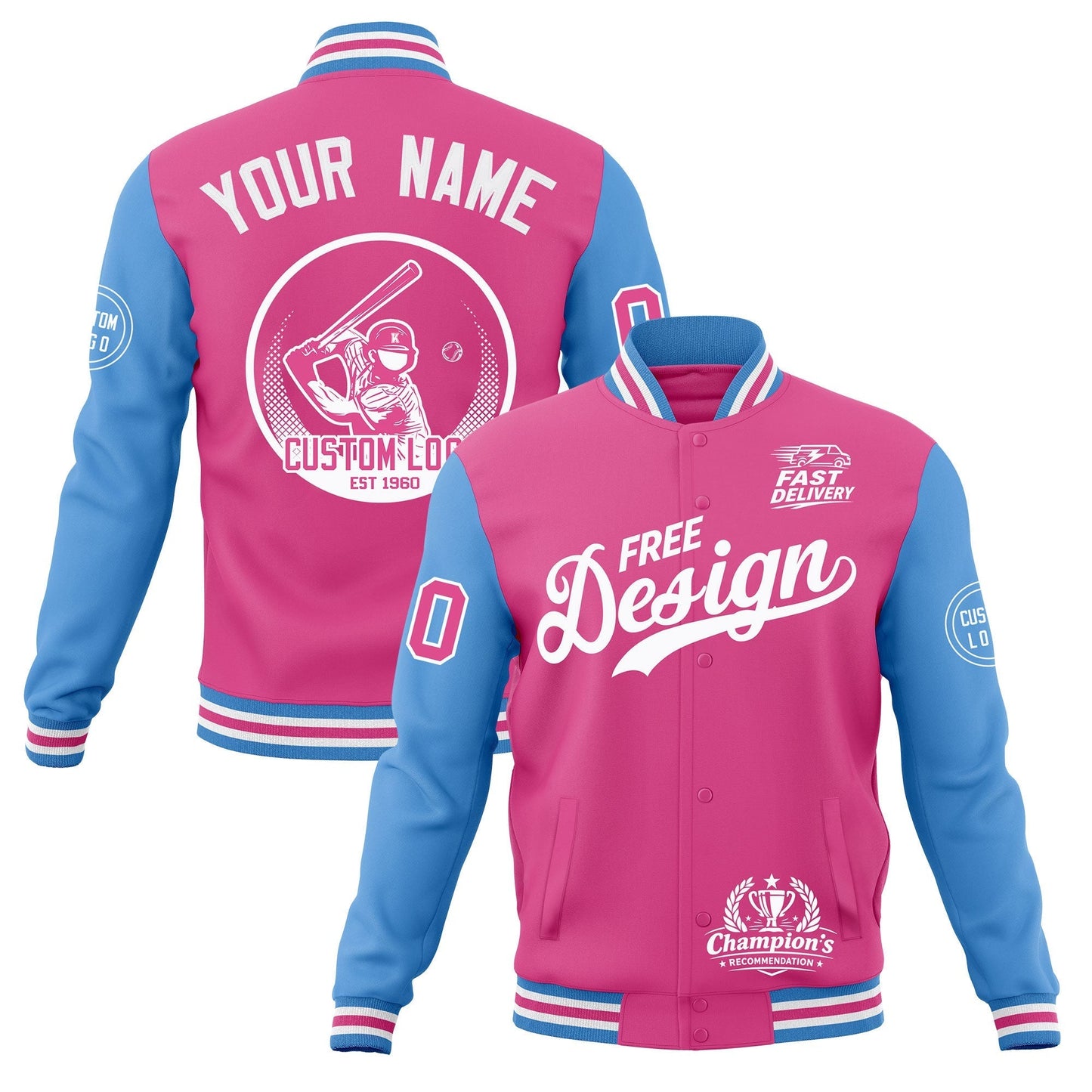 Custom Pink Light Blue White Jacket Classic Style Full-Snap Club & Spirit Wear Breathable
