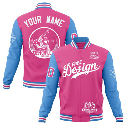Custom Pink Light Blue White Jacket Classic Style Full-Snap Club & Spirit Wear Breathable