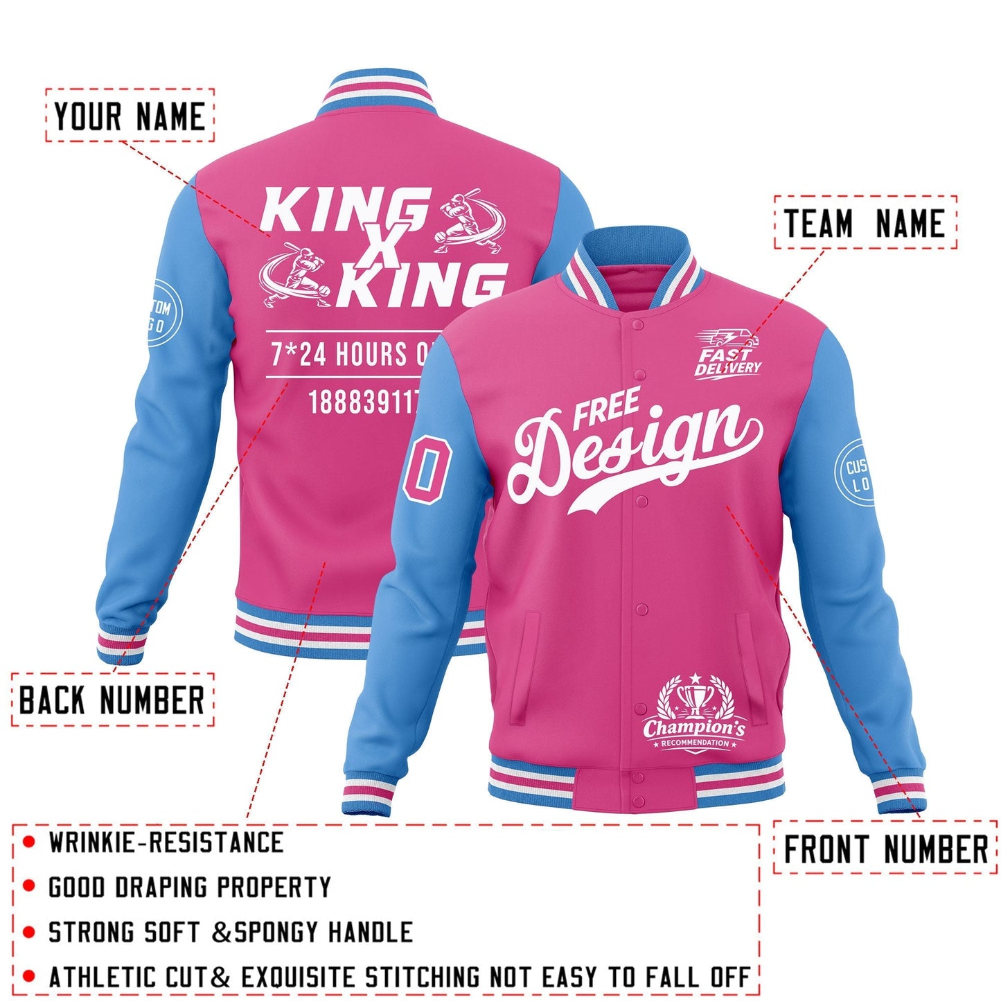 Custom Pink Light Blue White Jacket Classic Style Full-Snap Club & Spirit Wear Wrinkle-Resistant