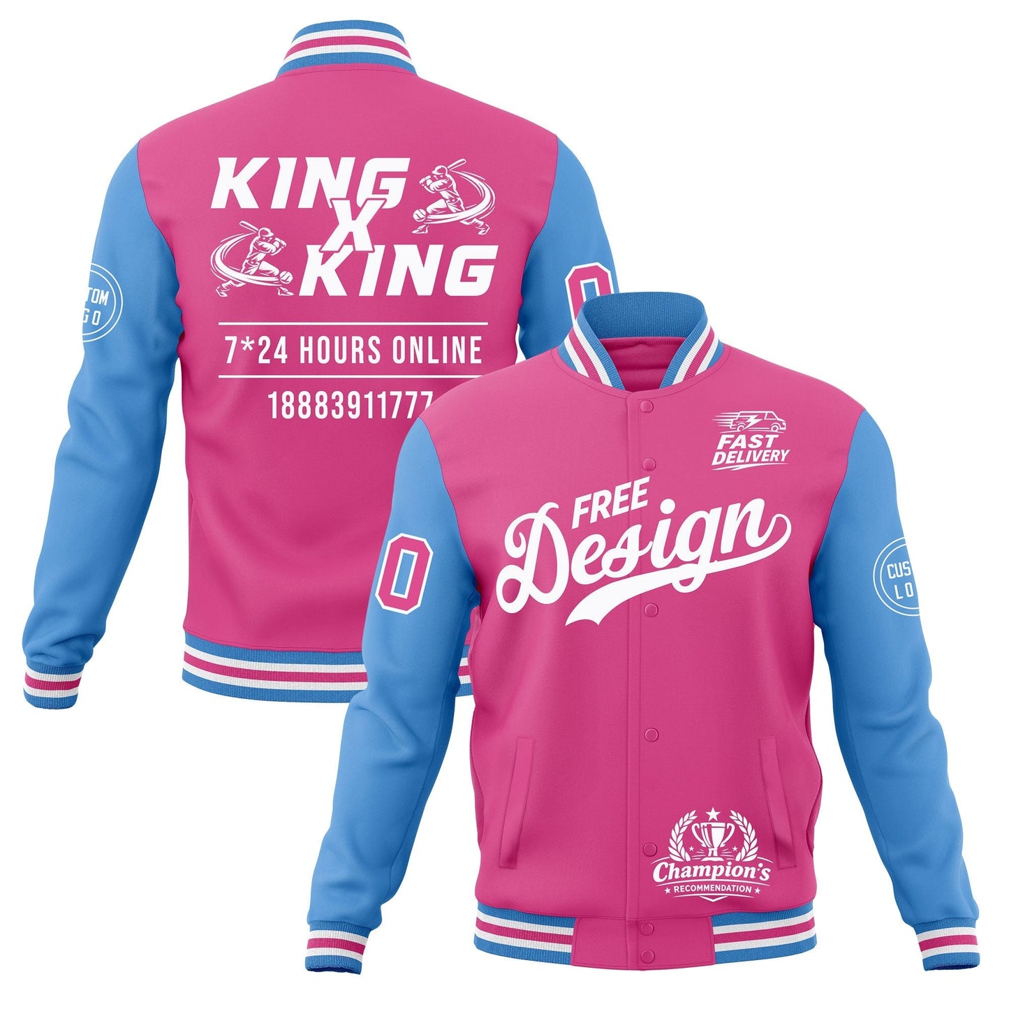 Custom Pink Light Blue White Jacket Classic Style Full-Snap Club & Spirit Wear Wrinkle-Resistant