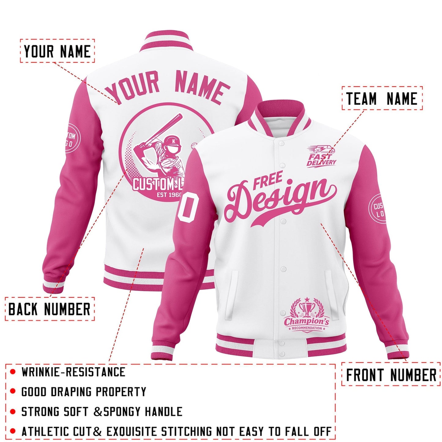 Custom White Pink Jacket Classic Style Full-Snap Club & Spirit Wear Breathable