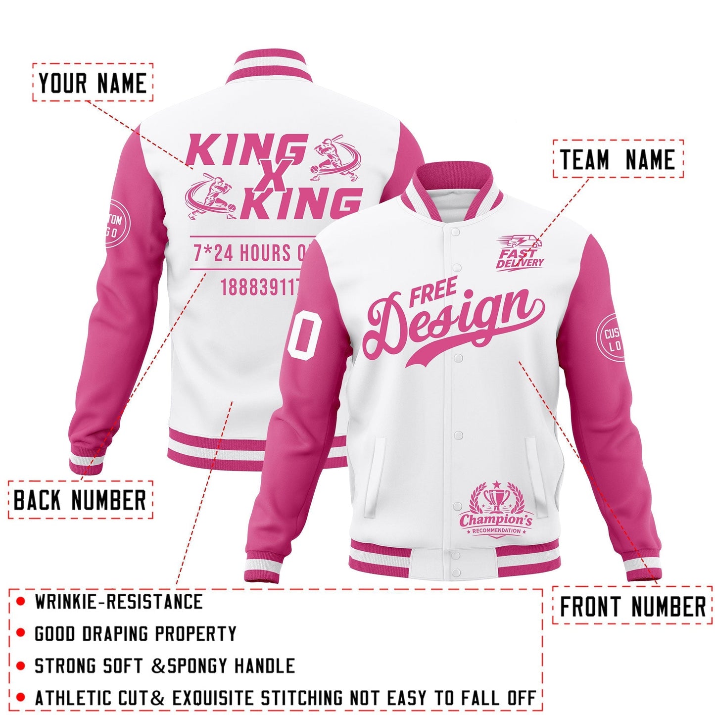 Custom White Pink Jacket Classic Style Full-Snap Club & Spirit Wear Wrinkle-Resistant
