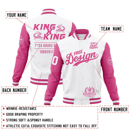 Custom White Pink Jacket Classic Style Full-Snap Club & Spirit Wear Wrinkle-Resistant