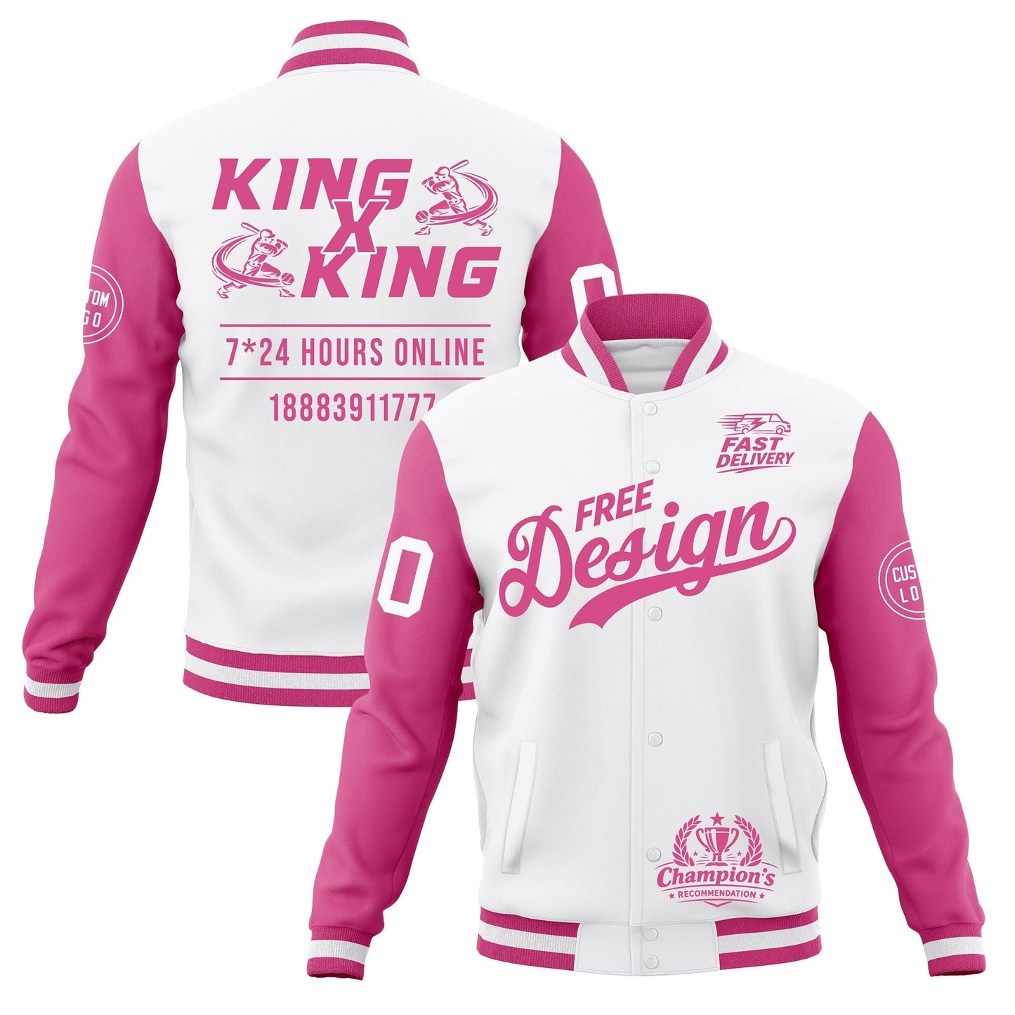 Custom White Pink Jacket Classic Style Full-Snap Club & Spirit Wear Wrinkle-Resistant