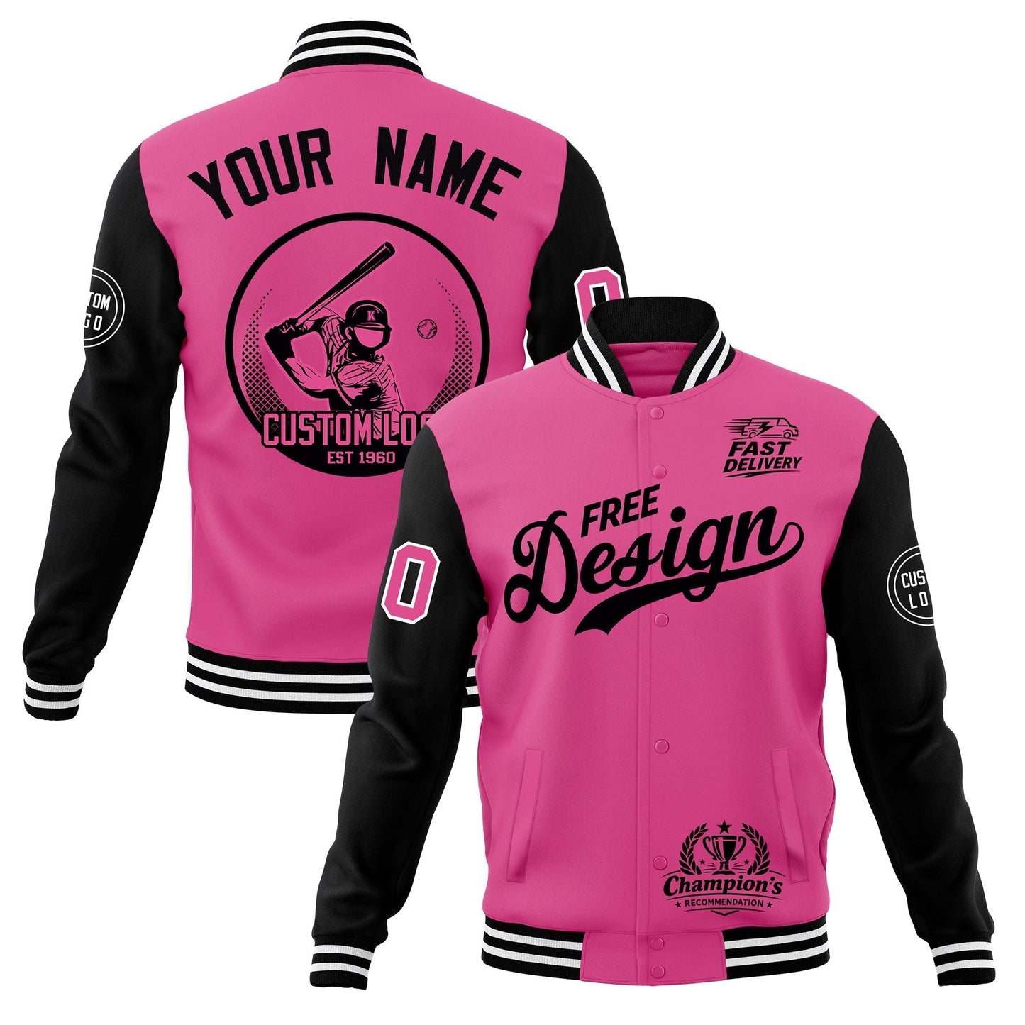 Custom Pink Black White Jacket Classic Style Full-Snap Club & Spirit Wear Breathable
