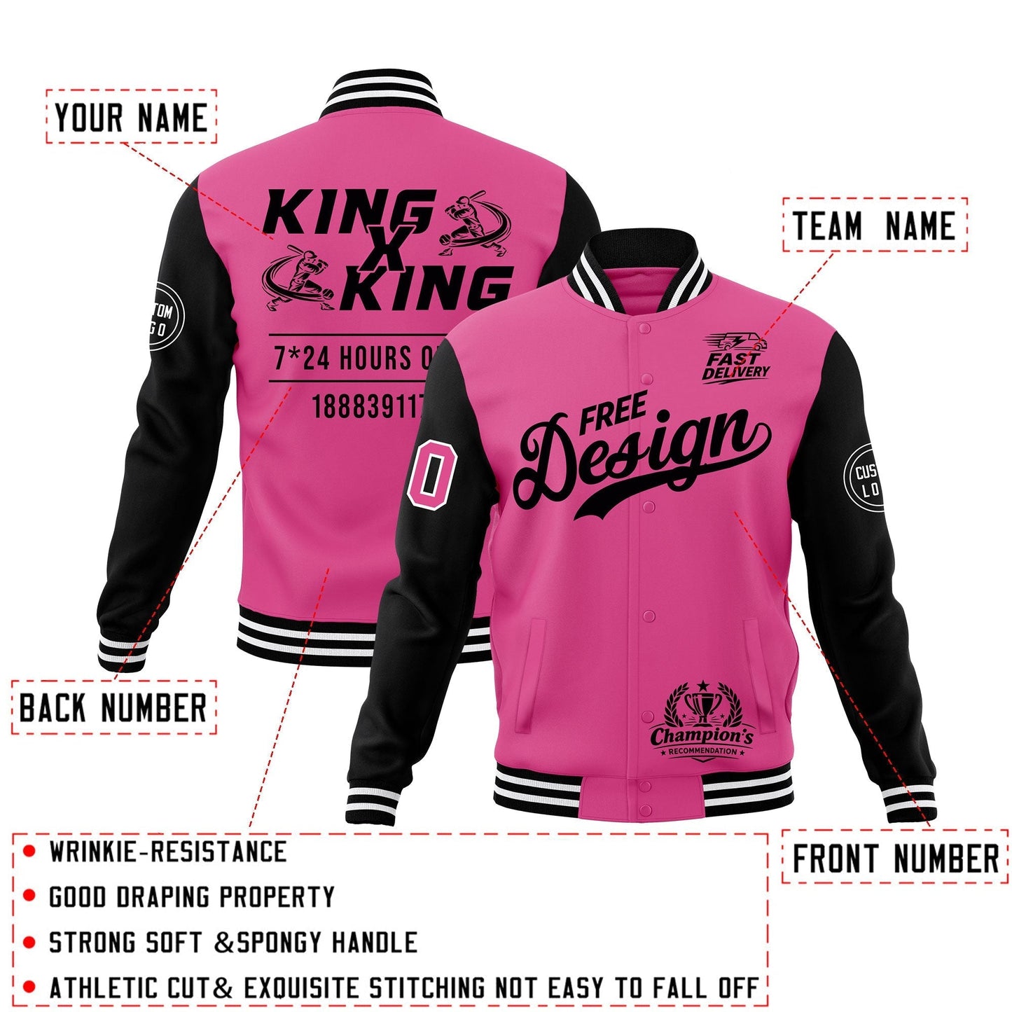 Custom Pink Black White Jacket Classic Style Full-Snap Club & Spirit Wear Wrinkle-Resistant