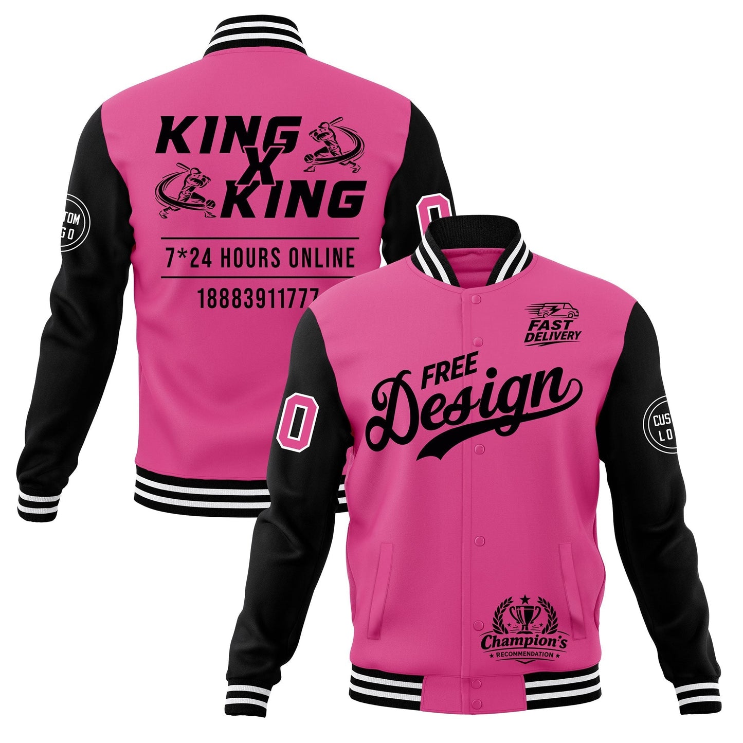 Custom Pink Black White Jacket Classic Style Full-Snap Club & Spirit Wear Wrinkle-Resistant