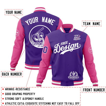 Custom Purple Pink White Jacket Classic Style Full-Snap Club & Spirit Wear Breathable