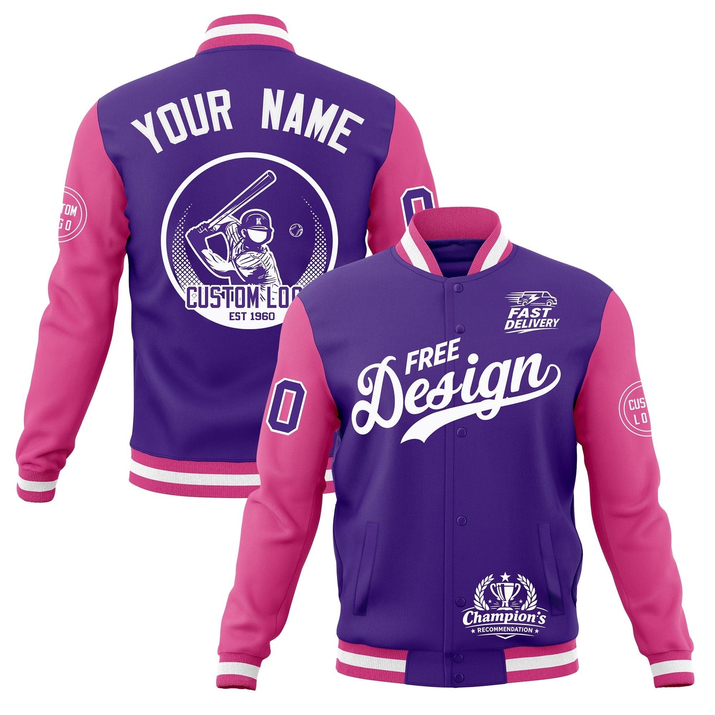 Custom Purple Pink White Jacket Classic Style Full-Snap Club & Spirit Wear Breathable