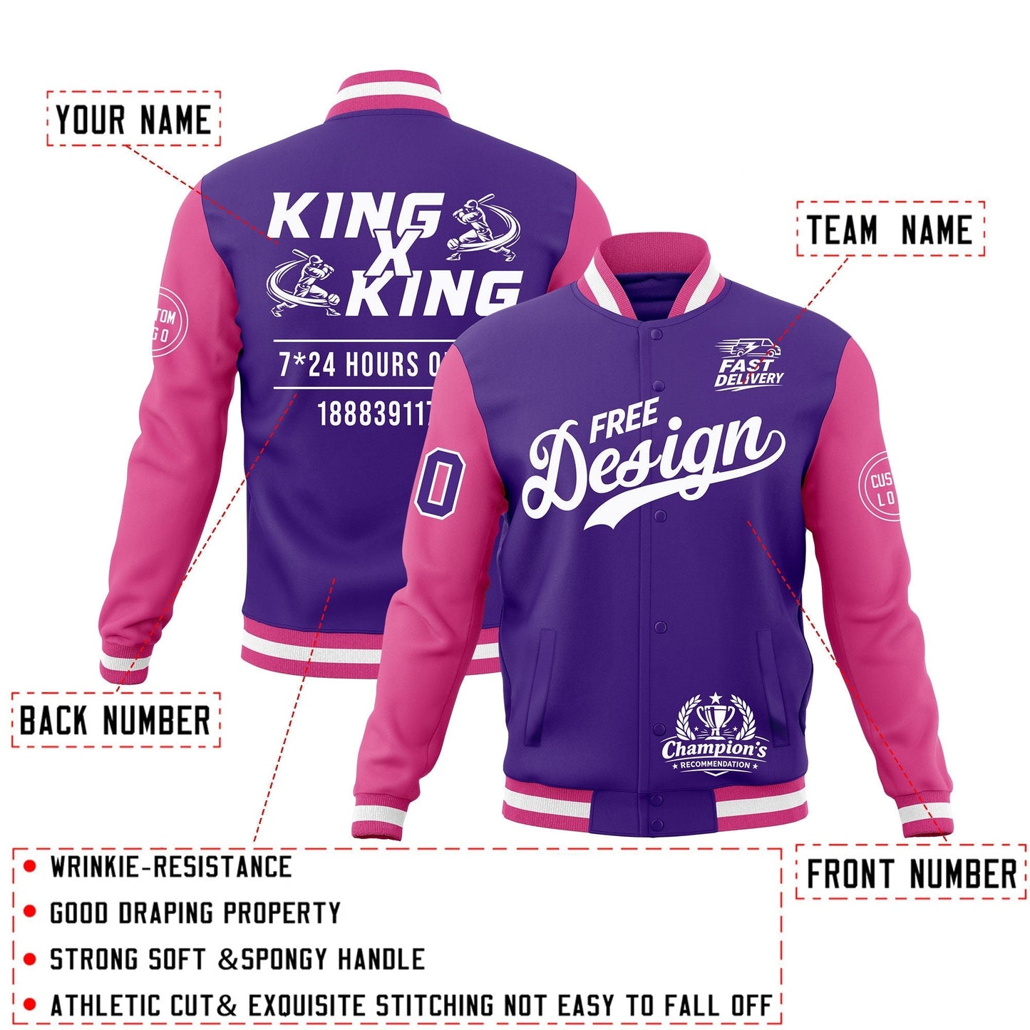 Custom Purple Pink White Jacket Classic Style Full-Snap Club & Spirit Wear Wrinkle-Resistant