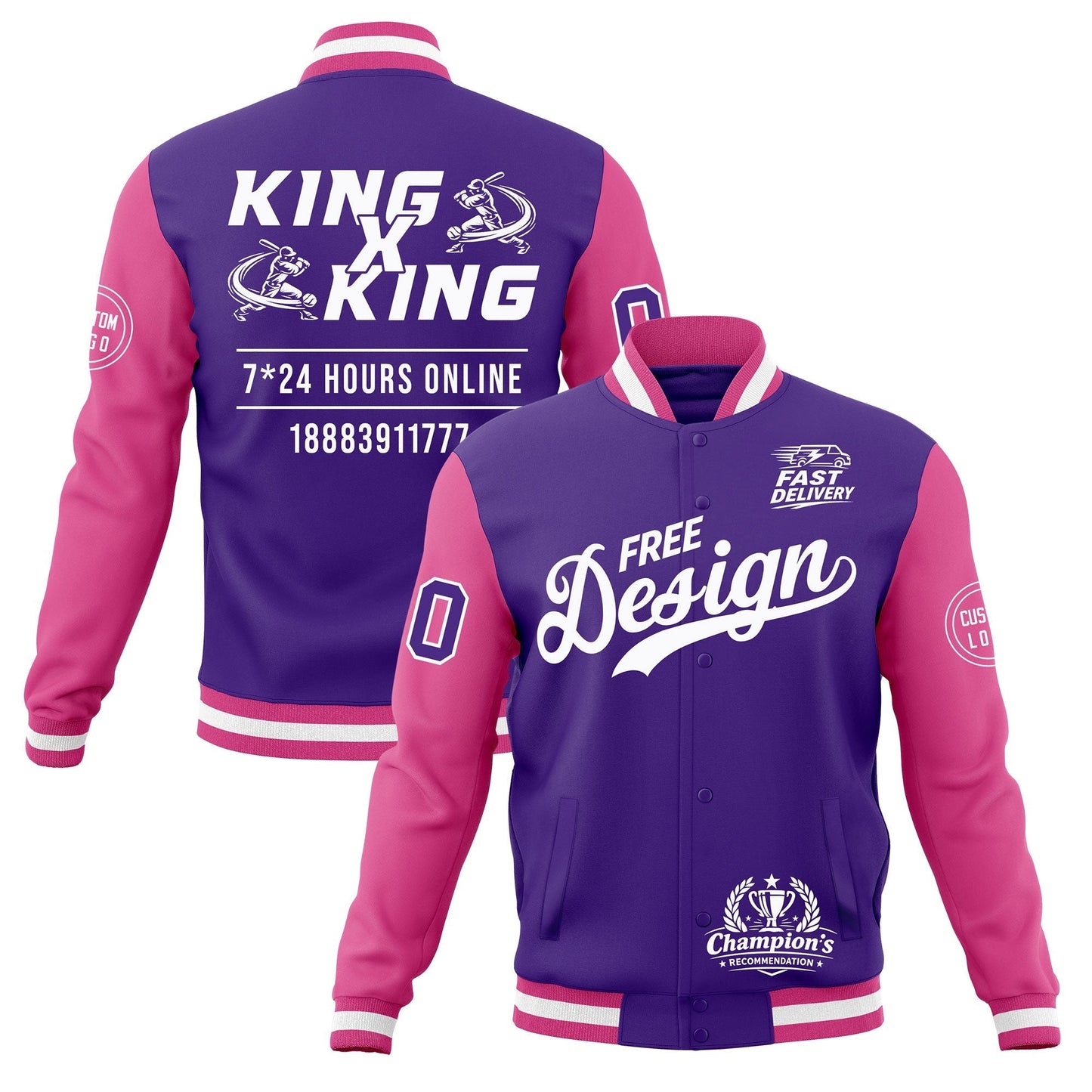 Custom Purple Pink White Jacket Classic Style Full-Snap Club & Spirit Wear Wrinkle-Resistant