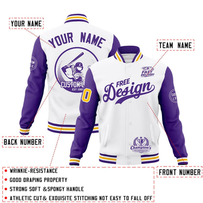 Custom White Purple Gold Jacket Classic Style Full-Snap Club & Spirit Wear Breathable