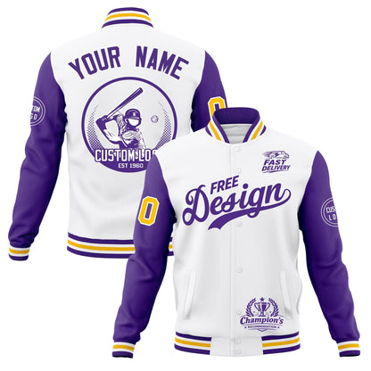 Custom White Purple Gold Jacket Classic Style Full-Snap Club & Spirit Wear Breathable