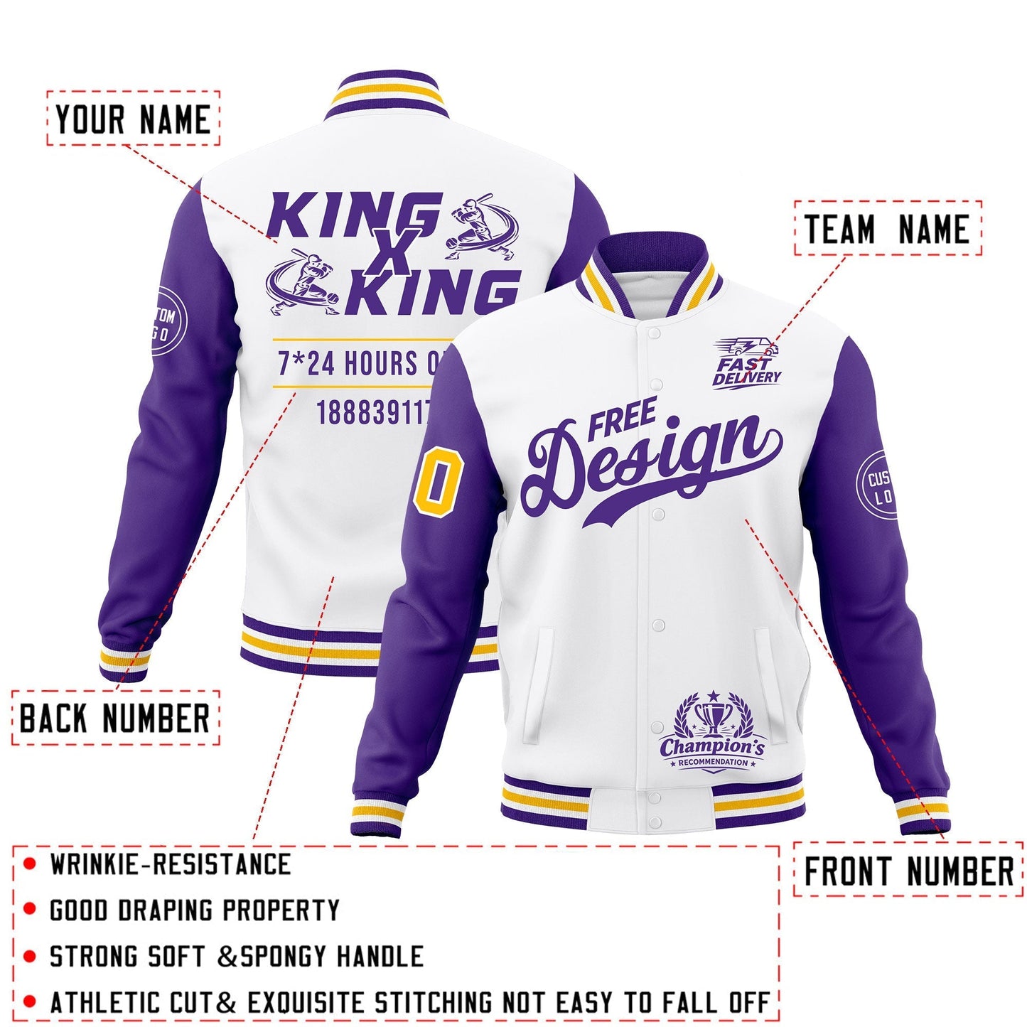 Custom White Purple Gold Jacket Classic Style Full-Snap Club & Spirit Wear Wrinkle-Resistant