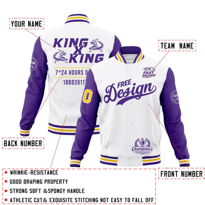 Custom White Purple Gold Jacket Classic Style Full-Snap Club & Spirit Wear Wrinkle-Resistant