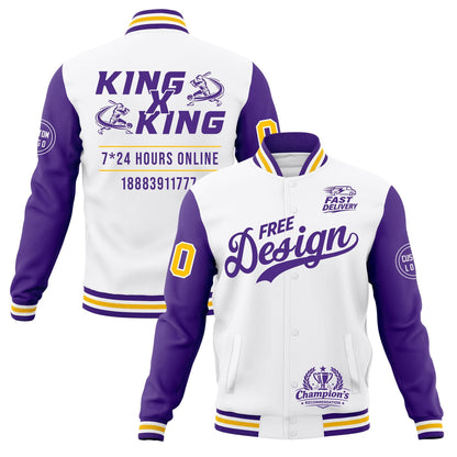Custom White Purple Gold Jacket Classic Style Full-Snap Club & Spirit Wear Wrinkle-Resistant