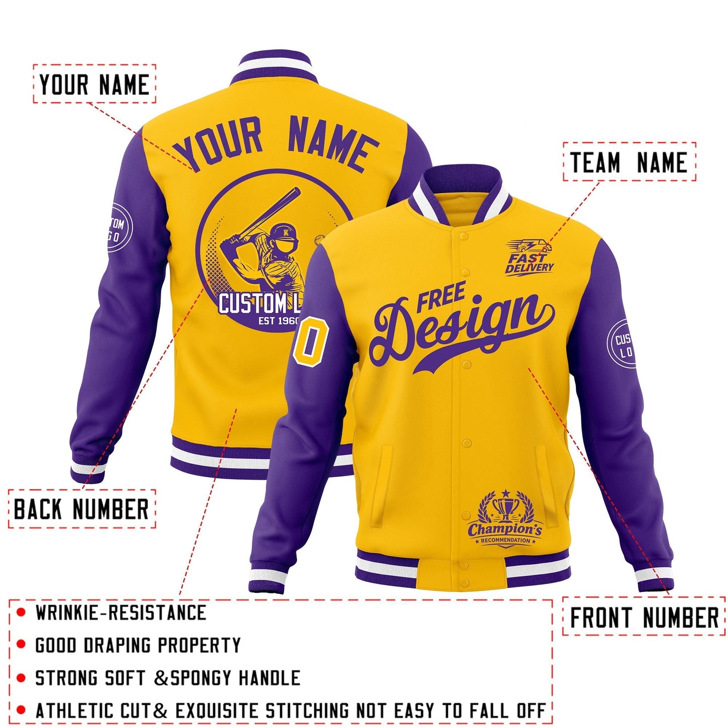 Custom Gold Purple White Jacket Classic Style Full-Snap Club & Spirit Wear Breathable