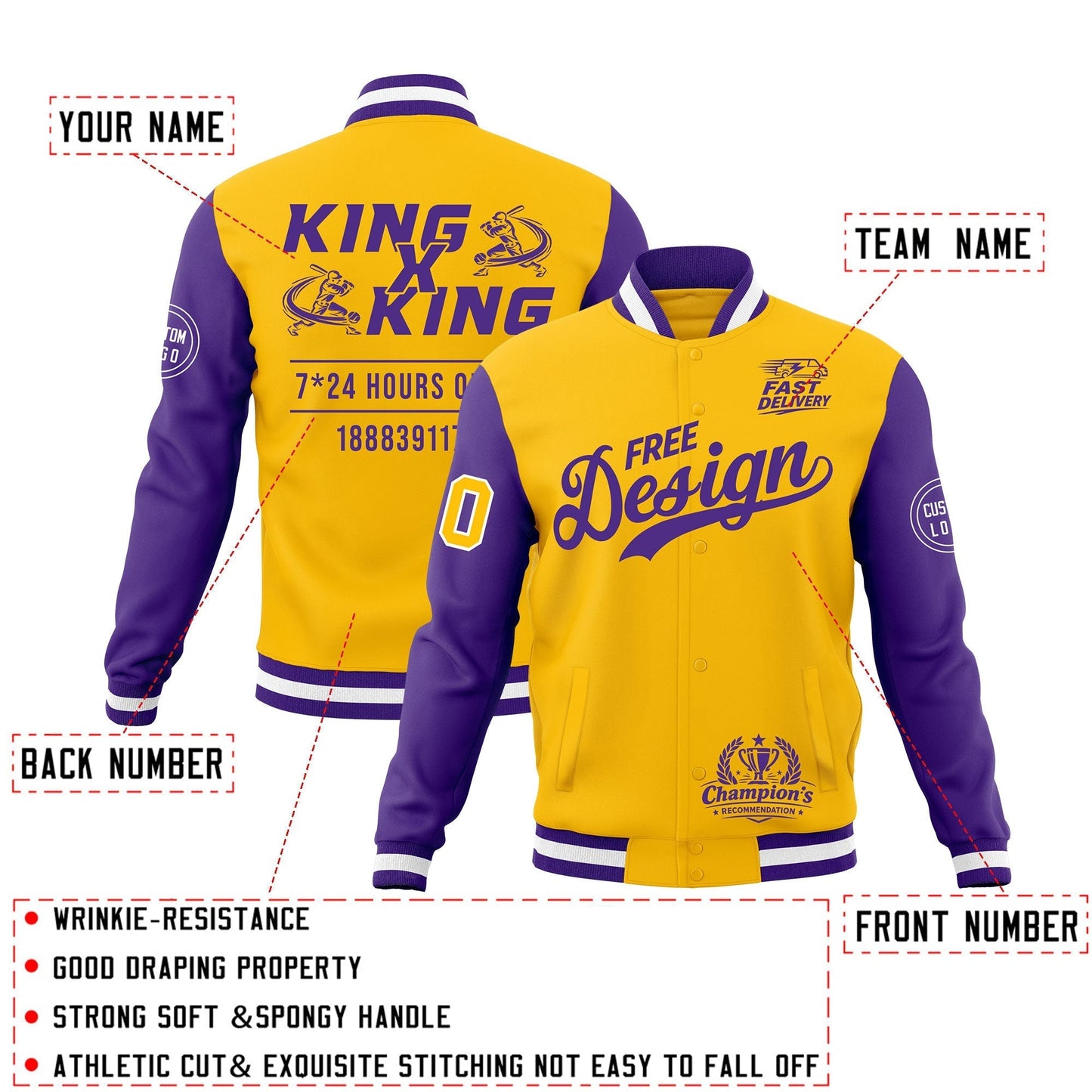 Custom Gold Purple White Jacket Classic Style Full-Snap Club & Spirit Wear Wrinkle-Resistant
