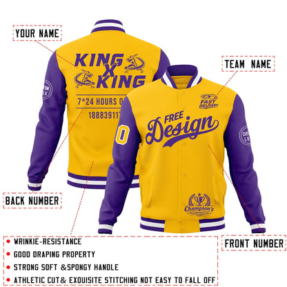 Custom Gold Purple White Jacket Classic Style Full-Snap Club & Spirit Wear Wrinkle-Resistant