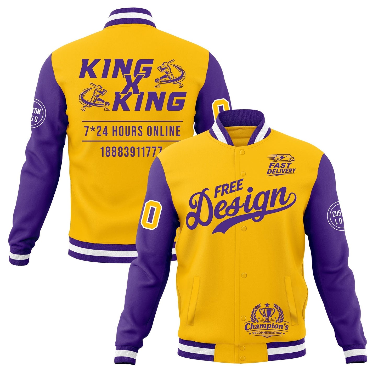 Custom Gold Purple White Jacket Classic Style Full-Snap Club & Spirit Wear Wrinkle-Resistant