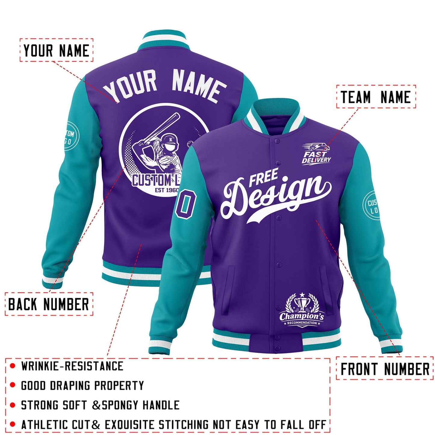 Custom Purple Teal White Jacket Classic Style Full-Snap Club & Spirit Wear Breathable
