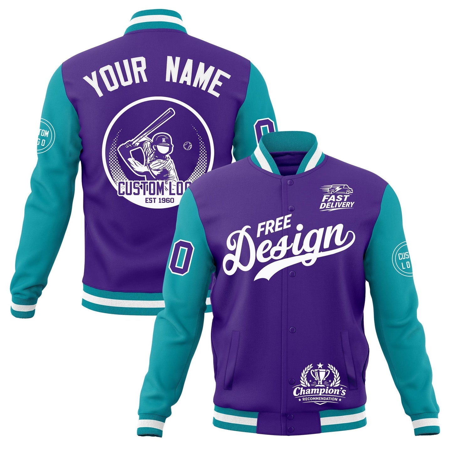 Custom Purple Teal White Jacket Classic Style Full-Snap Club & Spirit Wear Breathable