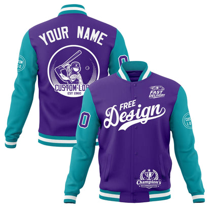 Custom Purple Teal White Jacket Classic Style Full-Snap Club & Spirit Wear Breathable