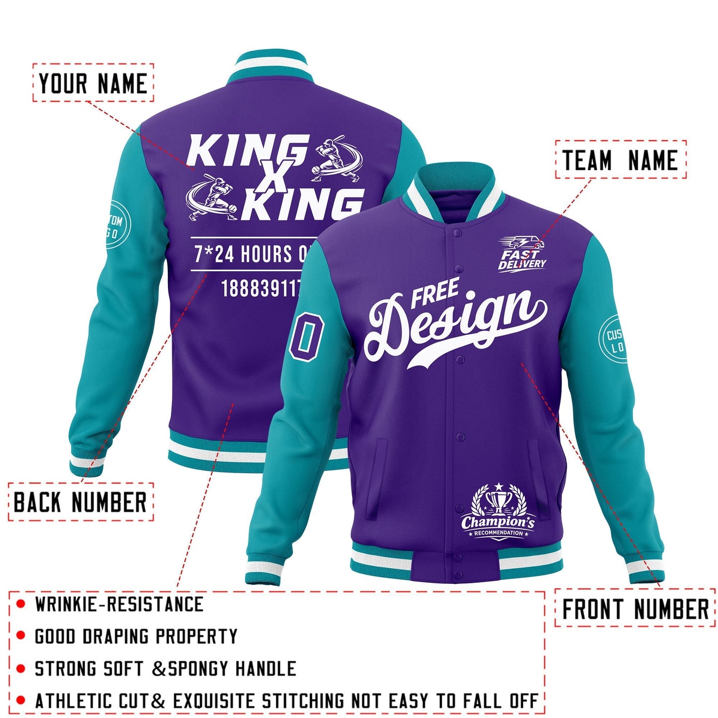 Custom Purple Teal White Jacket Classic Style Full-Snap Club & Spirit Wear Wrinkle-Resistant