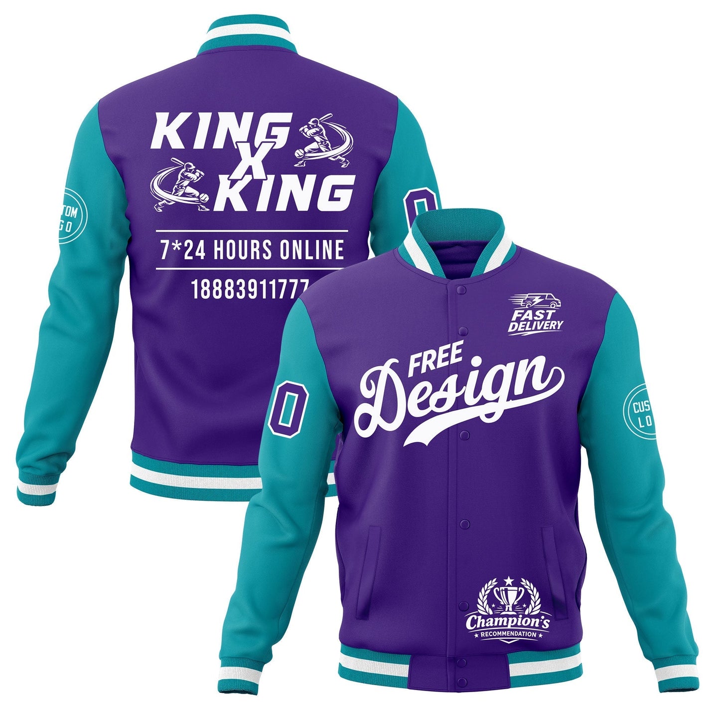 Custom Purple Teal White Jacket Classic Style Full-Snap Club & Spirit Wear Wrinkle-Resistant