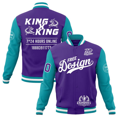 Custom Purple Teal White Jacket Classic Style Full-Snap Club & Spirit Wear Wrinkle-Resistant