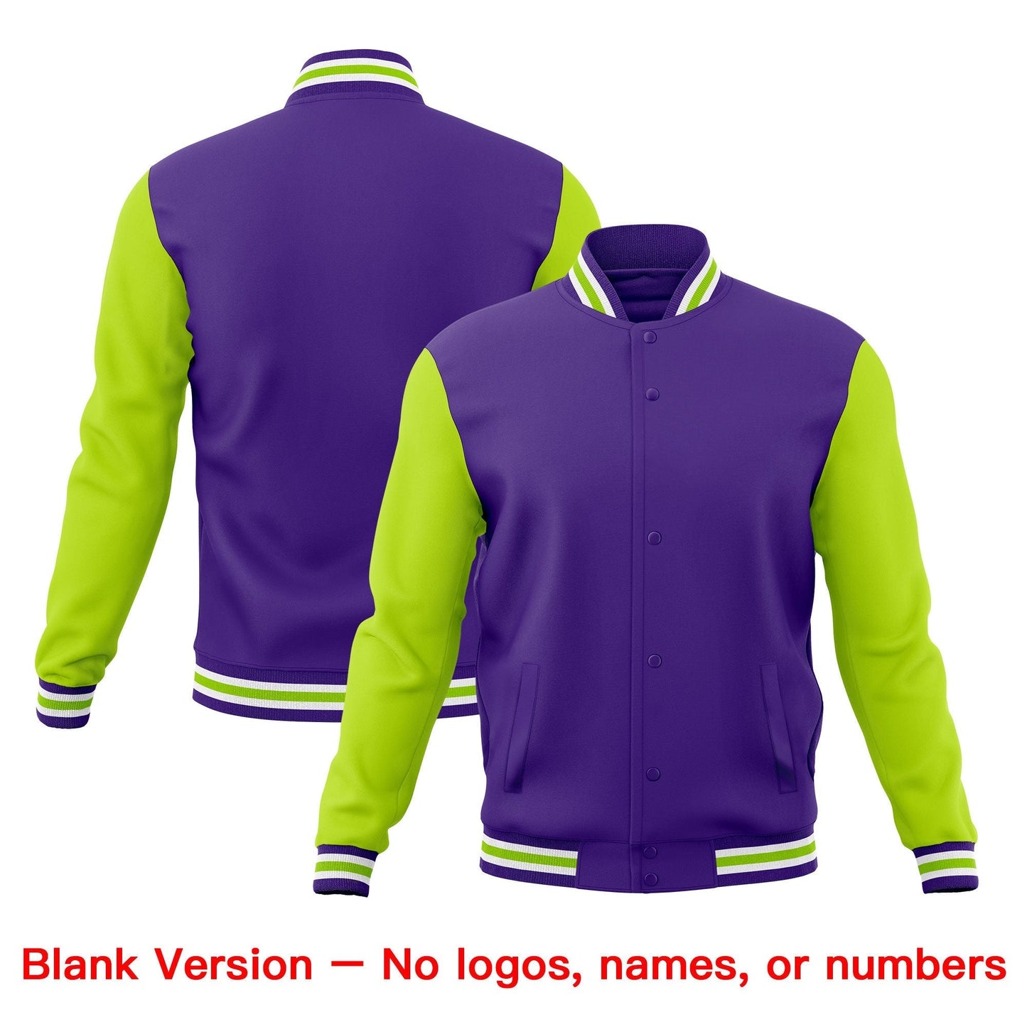 Custom Purple White Neon Green Jacket Classic Style Full-Snap Club & Spirit Wear Breathable